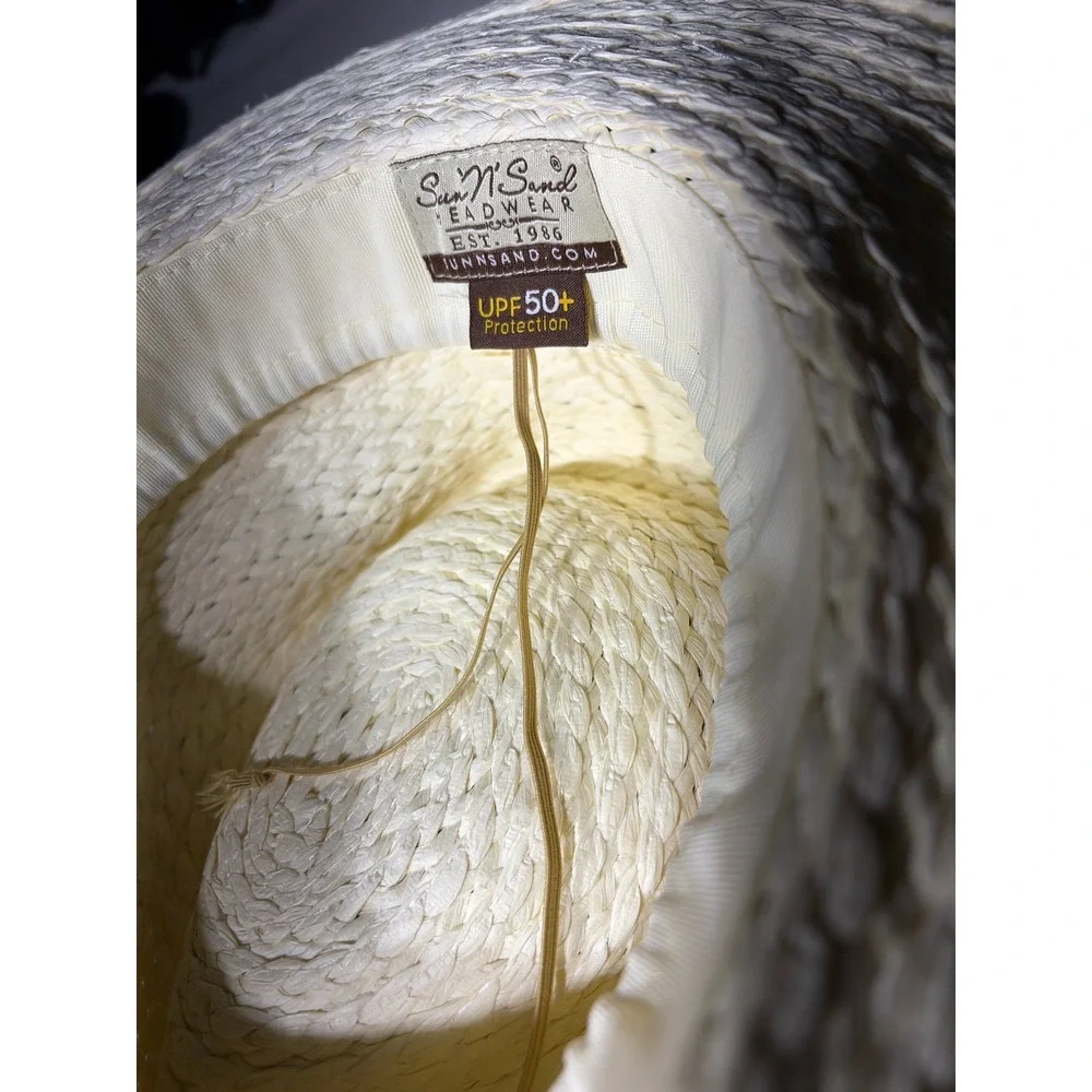 Sun N Sand Women Straw Boater Hat UPF 50+ Navy White Striped Ribbon Cream Woven